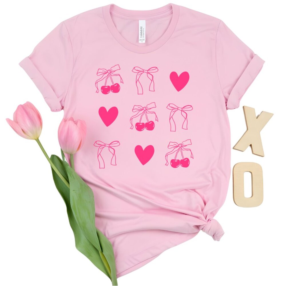 Gildan Valentine's Day Cherry Bow Coquette Tee Love PINK RED - Picture 2 of 4